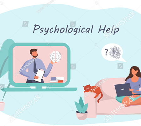 An illustration of a faceless woman sitting cross-legged on a couch holding laptop.  To the right of that image is an illustration of a computer screen with a faceless man holding what looks like a clipboard in his right hand a na a brain in his left hand. The words psychological help are also on the illustration.