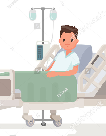 This is an illustrated picture of a boy sitting up in a hospital bed facing us.  He is wearing a blue top with green blankets on him. There is an IV pole behind him.