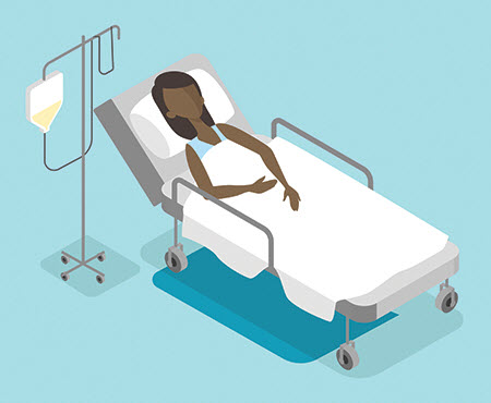 This is a illustration of a woman laying in a hospital bed.  She has no facial features. There is an IV pole to the left of her bed.